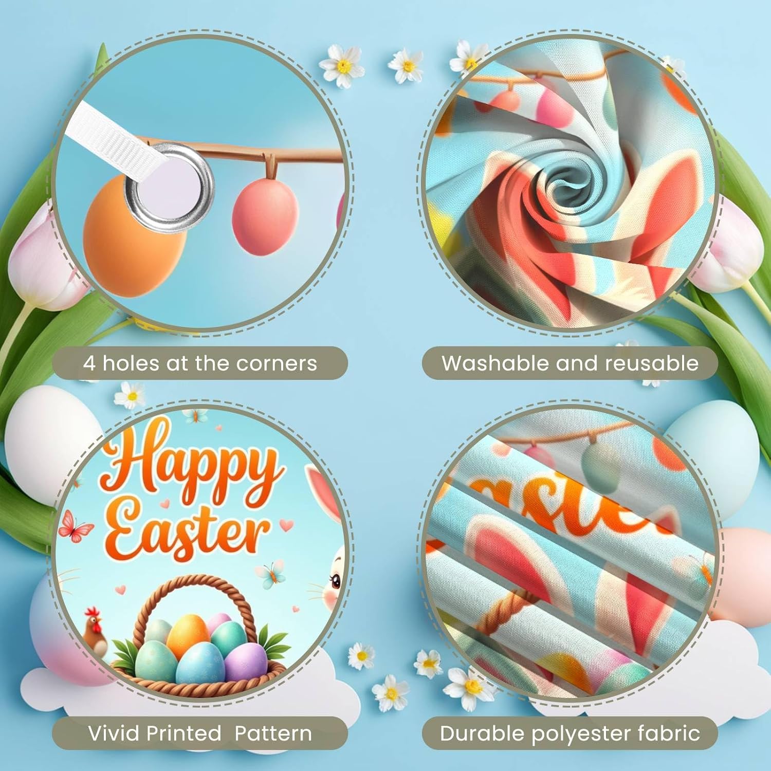 Happy Easter Banner Backdrop Colorful Egg Bunny Easter Banner Decorations for Spring Party Easter Rabbit Theme Bday Indoor Outdoor Background Decor 71x43 Inch