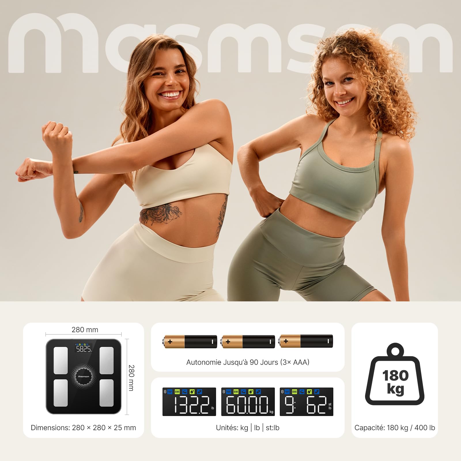 Balance Pèse-Personne, Balance Connectée Impédancemètre Écran Couleur 6-en-1 Défilant, 20 Indicateurs, IMC, Graisse Corporelle Pour iOS & Android, Max. 180kg/ 400lb