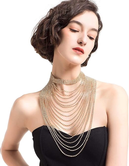 Statement Necklace for Women Multilayers Tassels Wide Choker Pendant Formal Party