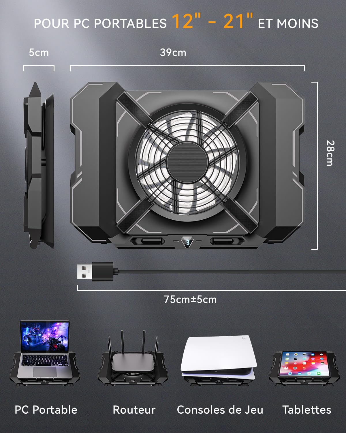 Refroidisseur PC Portable, Support Ventilé Gaming avec Puissant Ventilateur 7,1 Pouces, Lumières RGB & Contrôle à 3 Vitesses & Écran LCD, Support Réglable en Hauteur pour Ordinateurs 12"-21"