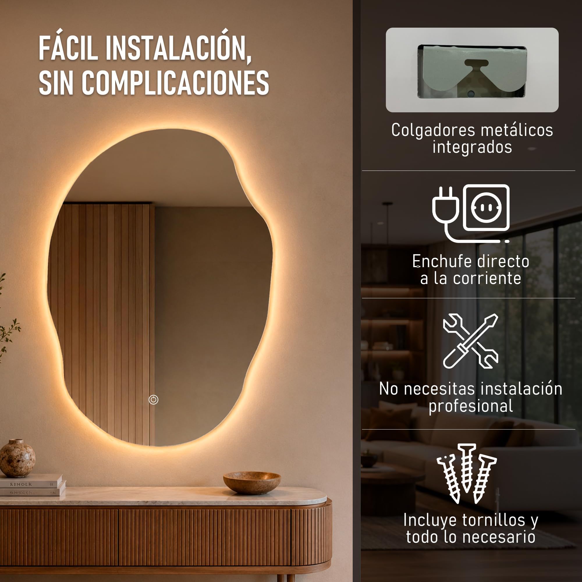 Espejo LED con Antivaho y Control Táctil, 50 x 70 cm (Irregular) | Luz Cálida, Neutra y Fría, Brillo Regulable, Memoria, Apto para Ambientes Húmedos, Enchufe y Tornillos Incluidos