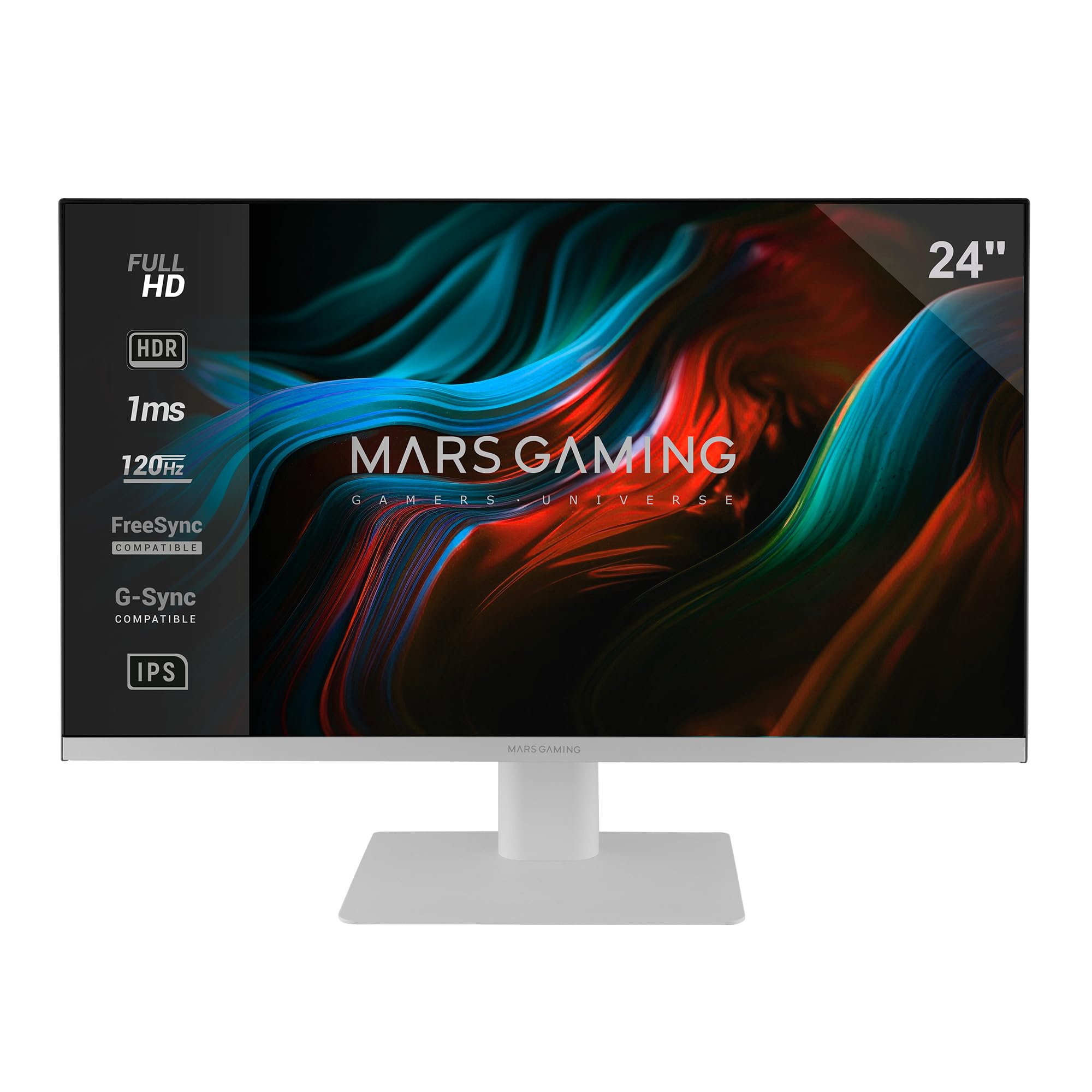 Mars Gaming MV-24, Monitor 24” IPS FHD 120Hz, HDR10 1ms, FreeSync y G-SYNC, Monitor PC con Altavoces Integrados, Inclinación 25°, Low Blue Light y Flicker Free, HDMI + DisplayPort + Jack 3.5mm, Blanco