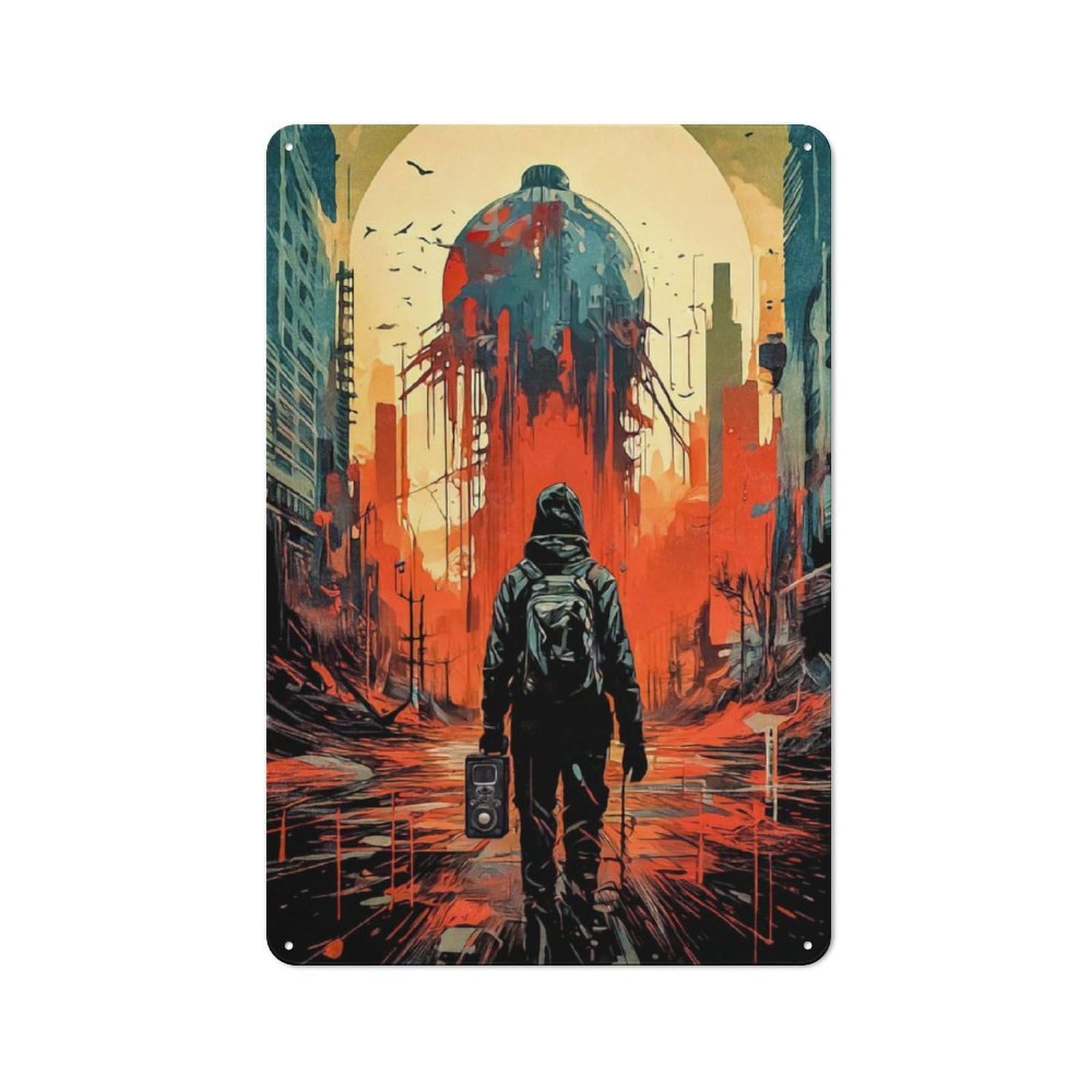 Junmoney Post-Apocalyptic Cityscape Metal Plaque 30X20cm With For Hallway Wall, Rustic Decor, For Garage, Workshop And Man Cave Decoration