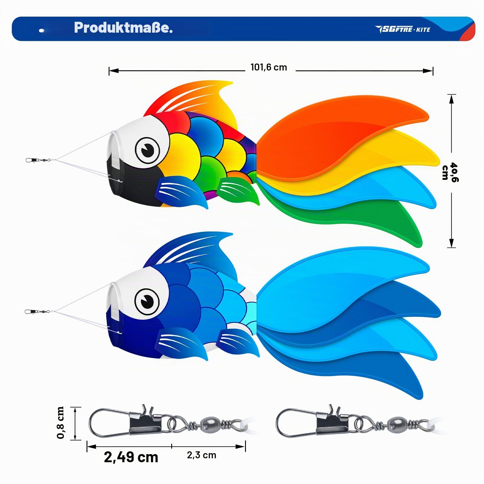 SGftre Fisch-Windsack - Hochwertiger Windsack für draußen, wasserfest & leicht zu befestigen - Perfekte Deko für Garten, Balkon, Strand, Boot & Angeln (2, Fisch-Windsack - bunt + blau)