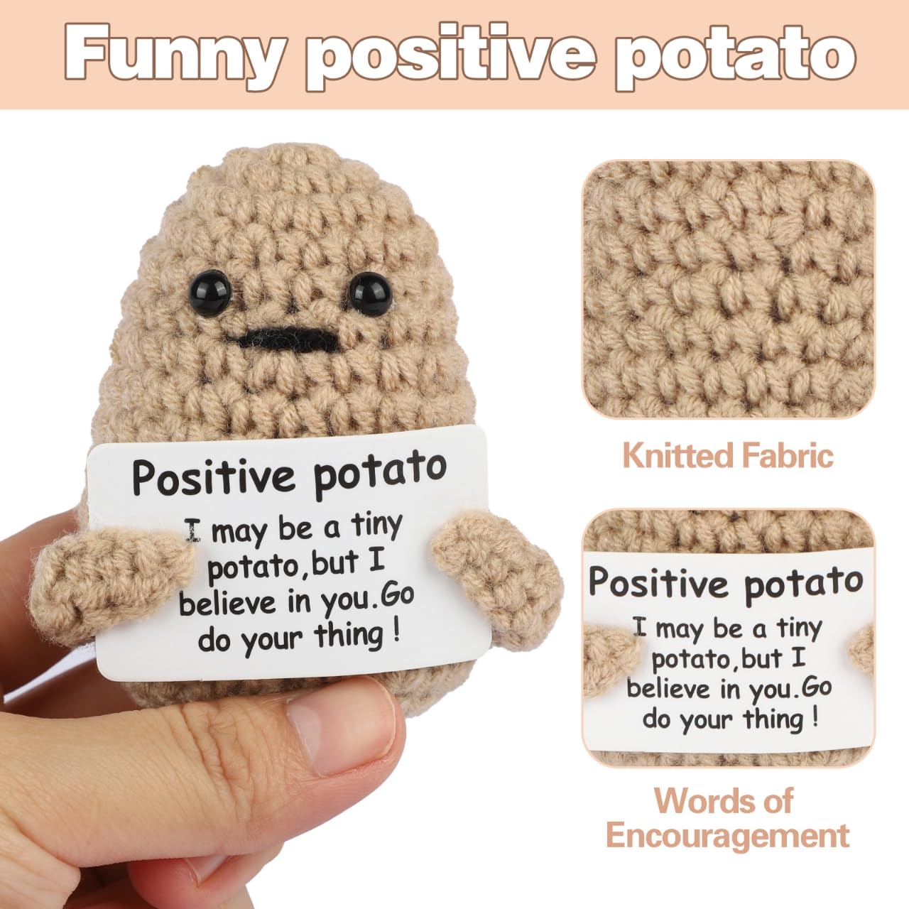 JELUTAR Mini Funny Positive Potato, 3 inch Knitted Doll with Card for Cheer Up Gifts and Party Decorations, Cute Crochet Doll for Women Men Mom Dad Friend Birthday Gifts (Positive Potato)