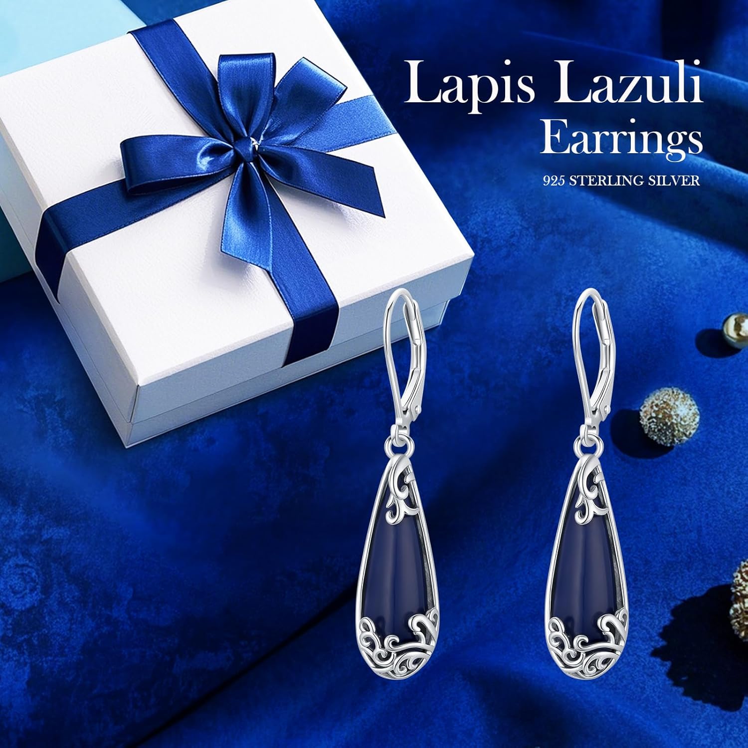 Vintage 925 Sterling Silver Lapis Lazuli Earrings for Women, Genuine Blue Stone Filigree Dangle Leverback Drop Earrings for Everyday Wear/Birthday Christmas Gift for Her - Image 7