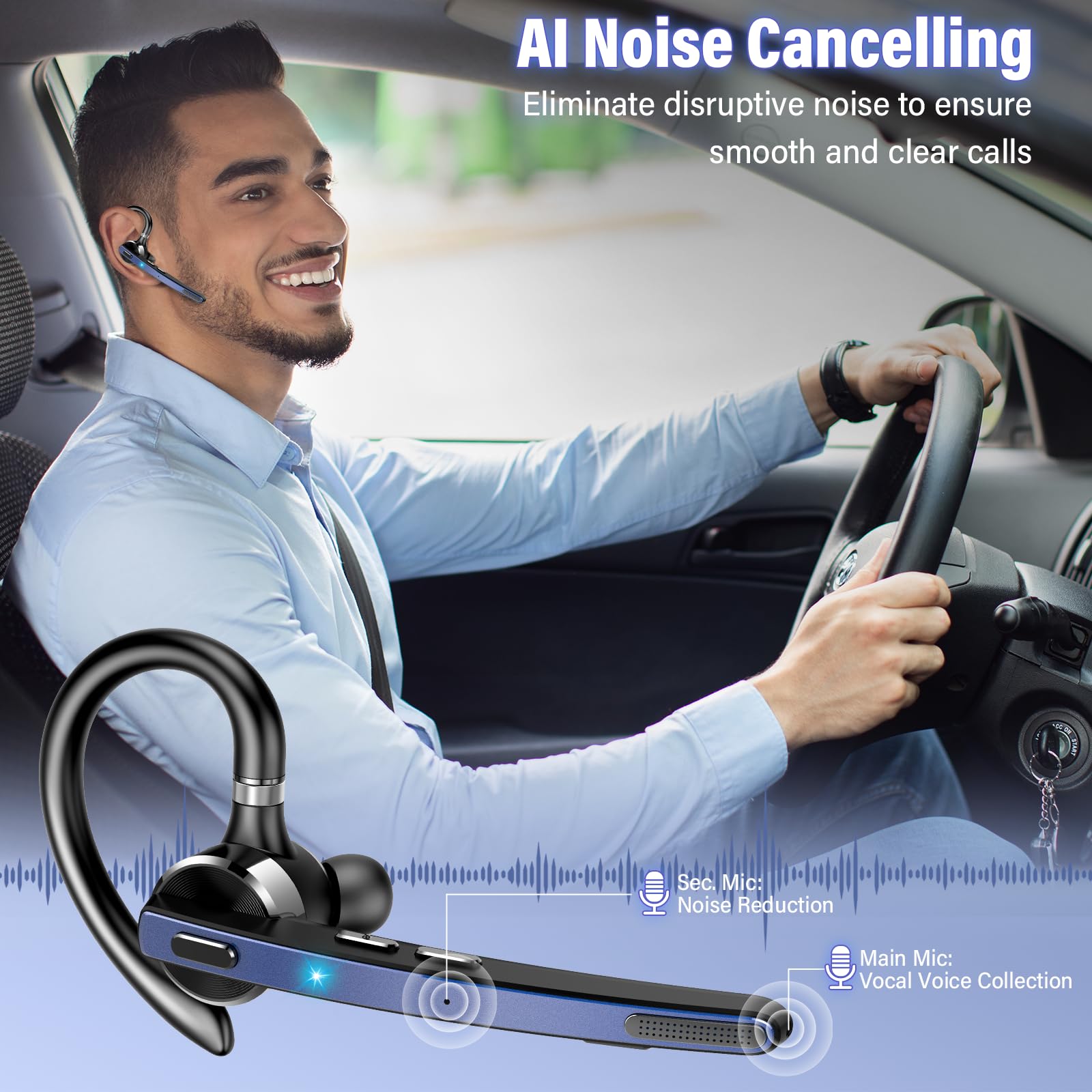 Thunelec Auriculares Manos Libres, 90 Horas aptx Auricular Bluetooth Mono con Doble Mic Cancelación de Ruido, Conexión Dual, Botón Mudo, Auriculares Manos para Camioneros, Negocios y Deporte, Azul