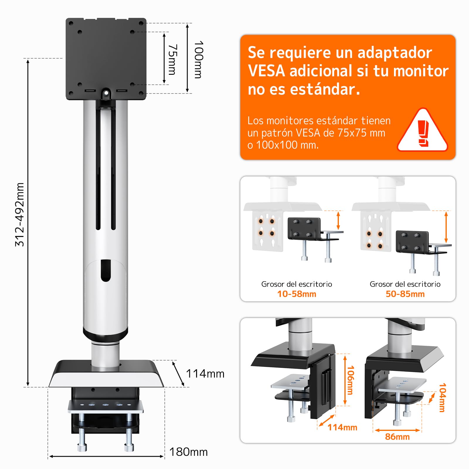 PUTORSEN Soporte de Monitor para Pantallas de 17 a 49 Pulgadas, Soporte de Brazo para un Monitor Soporta 2~18 kg, Ajuste de Altura sin Esfuerzo con inclinación, Giro y rotación, VESA 75/100 mm