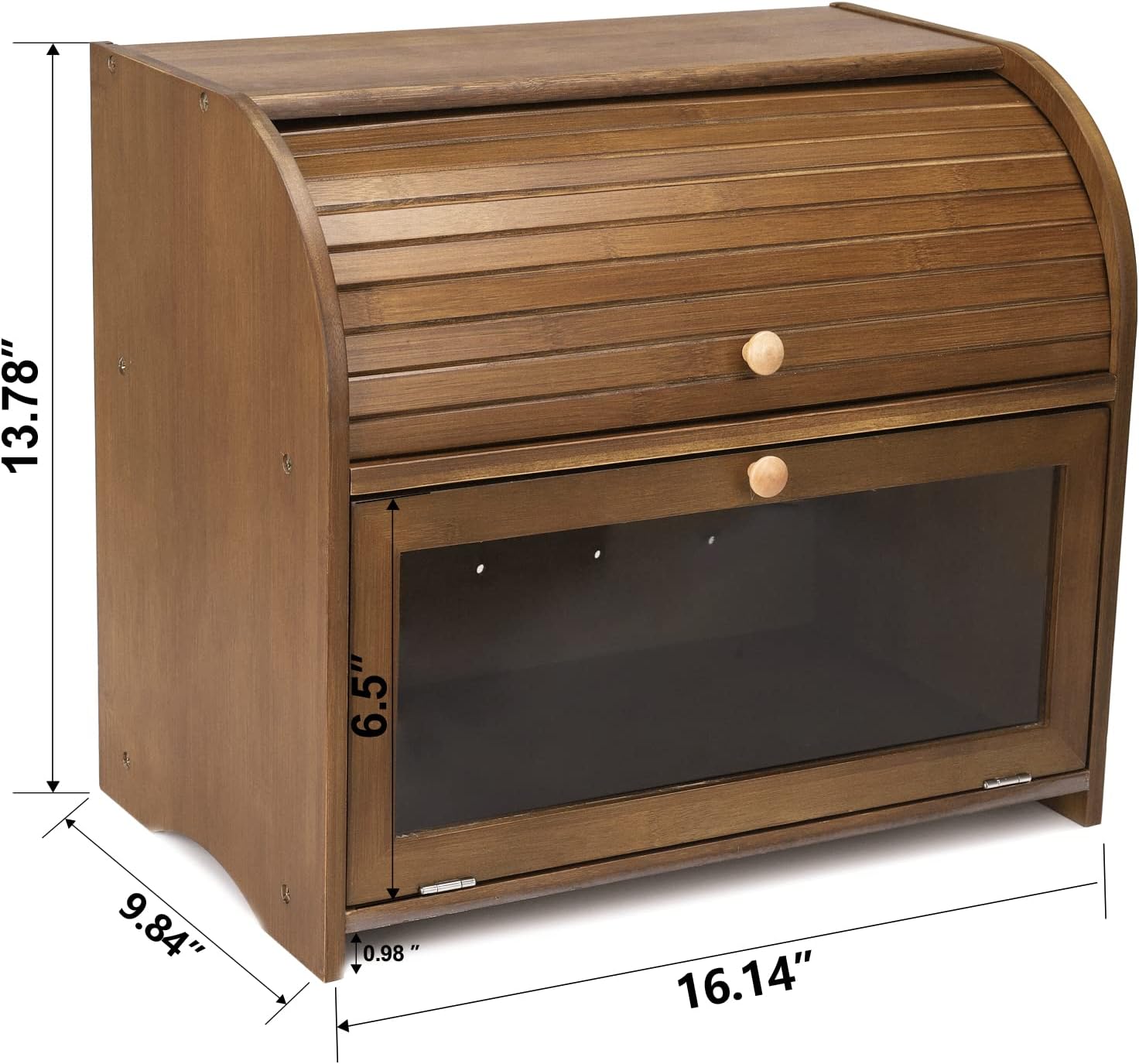 2 Layer Bamboo Roll Top Bread Box Large Capacity Bread Keeper Kitchen Food Storage with Transparent Window- Assembly Required