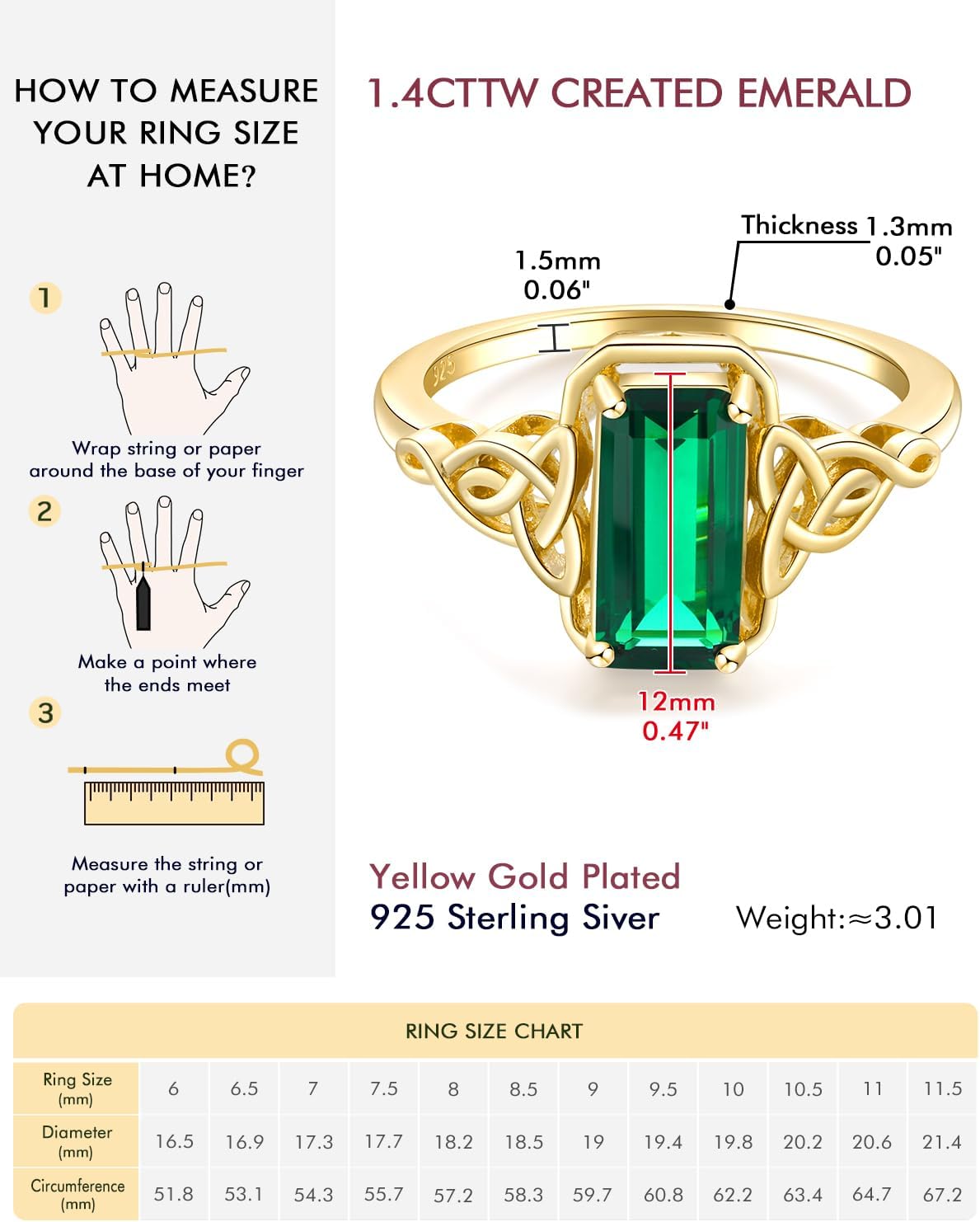DAYBYDAY Celtic Birthstone Rings for Women, 925 Sterling Silver/18K Gold Plated Emerald Cut Celtic Knot Engagement Wedding Ring, Square Created Gemstone Promise Rings for Her Size 6-10 - Image 6