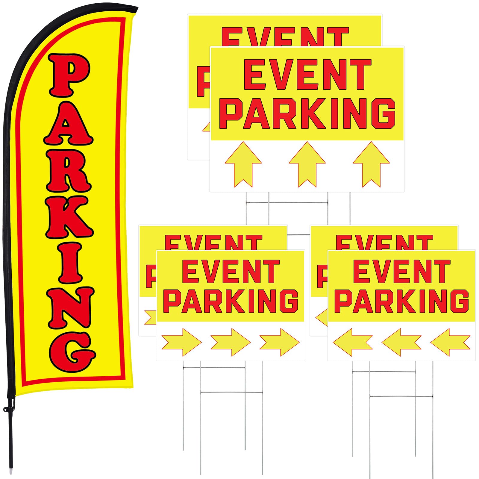 Hahafelt Parking Sign Set 1 Pack Feather Flag 6 Pack Double Sided Event Parking Arrows Signs with Metal Stakes for Yard Outside, Business Advertising, Directional Signage (Yellow)