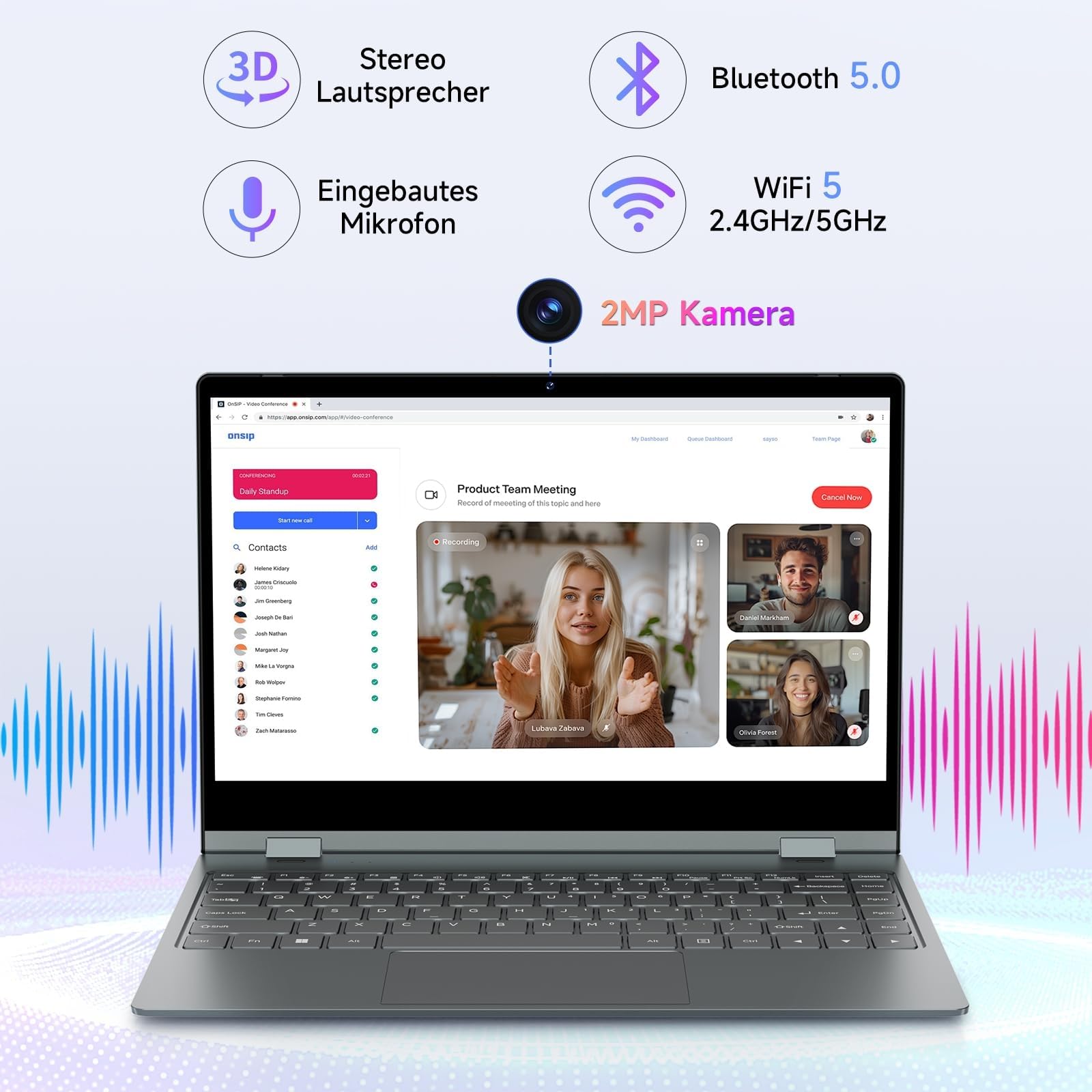 BMAX 2-in-1 Laptop Touchscreen Notebook Intel N150 up to 3.6GHz 16GB RAM 512GB SSD 14" Full HD Convertible Computer Beleuchtete Tastatur USB-C/3.2, Bluetooth, WiFi Deutsche Tastaturschutzfolie