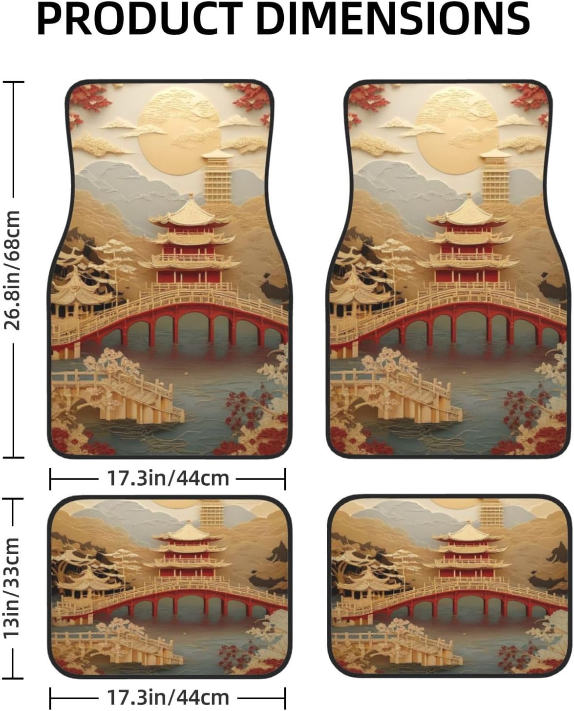 Artistic Fabric Car Floor Mats-Asian Palace,Non-Slip Rubber Backing,Front (26.8x17.3in) & Rear (13x17.3in) Set - Water Absorbing, Durable Automotive Floor Liners with Stylish Patterns - Image 2