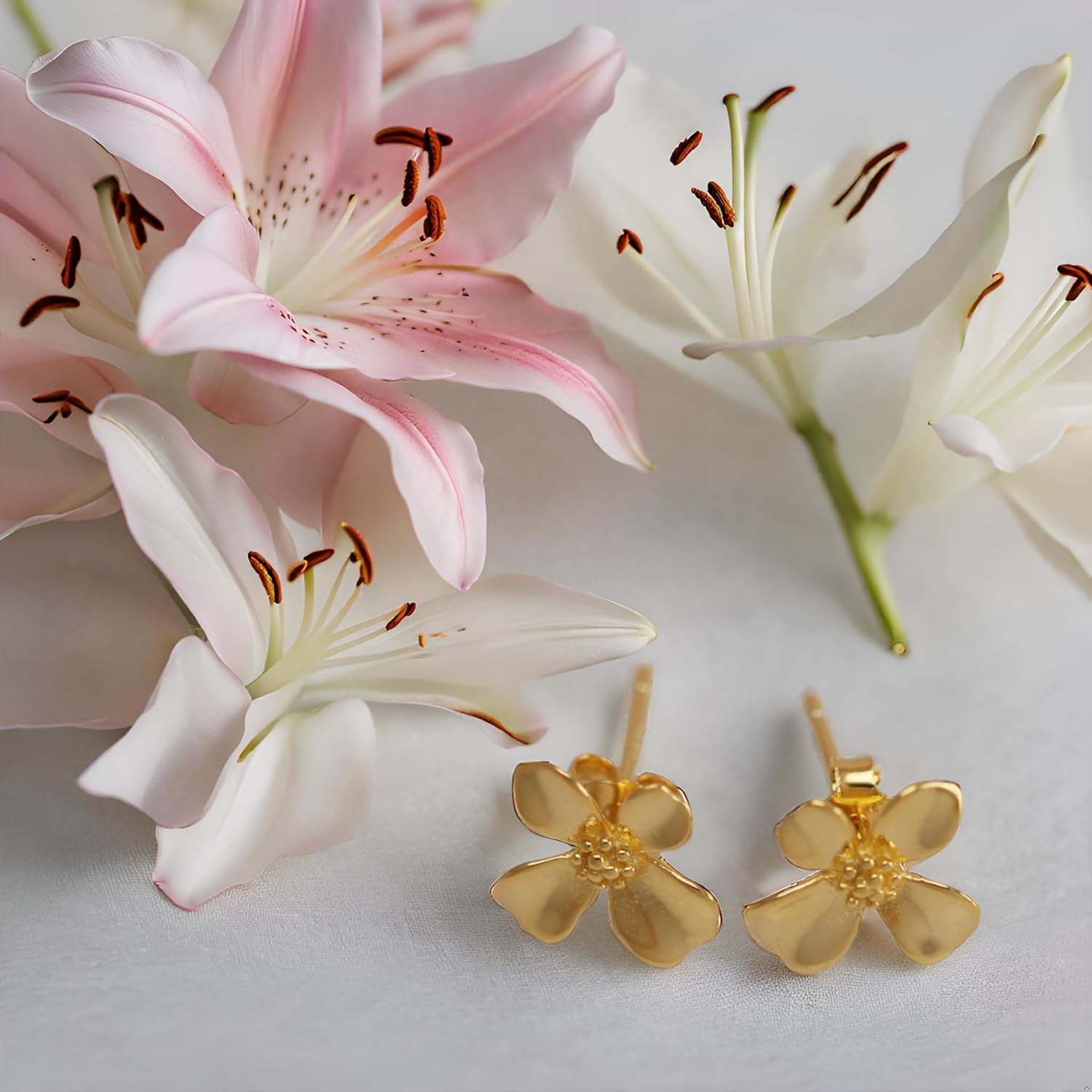 14K Gold Plated 925 Sterling Silver Flower Lily Stud Earrings - Image 2