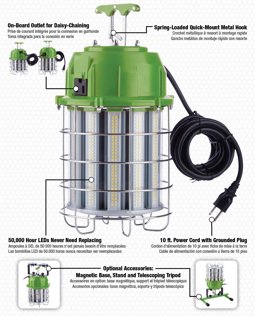 PowerSmith PTLK52-150 18000 Lumen High Bay Temporary Hanging Daisy Chain Weatherproof LED Work Light with Metal Clasp, 360° Omni-Directional Lighting, and 10' Power Cord , Green
