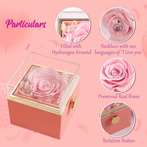 Miniatura 4 de HIAGROW Caja de regalo de rosa eterna, rosa roja preservada con collar, rosa roja para siempre con collar de corazón plateado, regalo de flores para