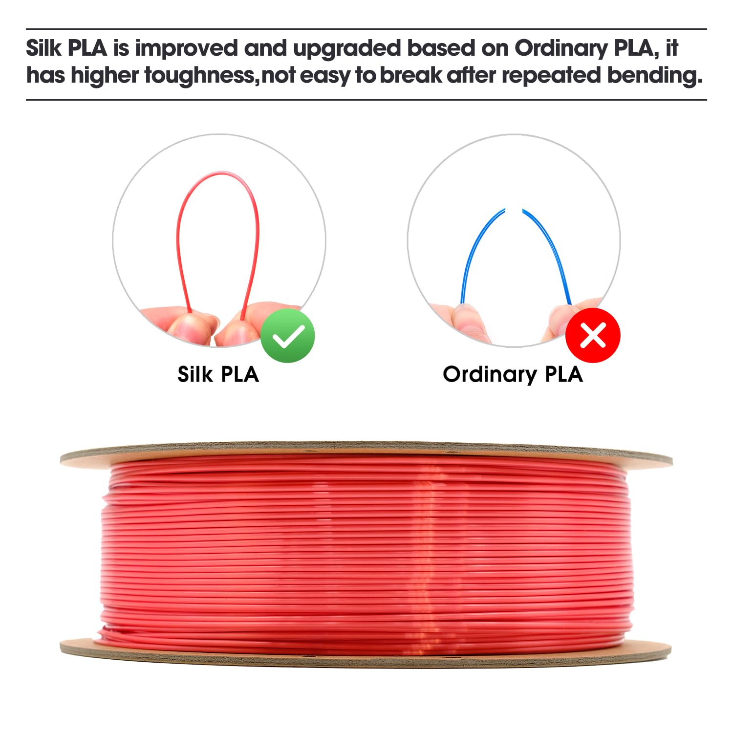 eSUN Filamento PLA Seta 1.75mm, Filamento PLA per Stampante 3D Lucido Serico, Precisione Dimensionale +/- 0.05mm, Bobina da 1KG (2.2 LBS) Filamento per Stampa 3D per Stampanti 3D, Seta Rosso