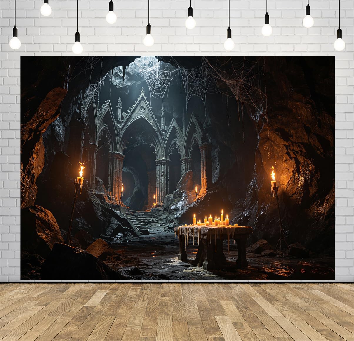 BELECO 3.6x2.5m Sfondo in tessuto Rovine Grotta Gotica Sotterranea Scura | Porta Ad Arco In Pietra Gotica Rovine Cattedrale Grotta Illuminata Da Candele Ragnatela Halloween Telo Di Sfondo