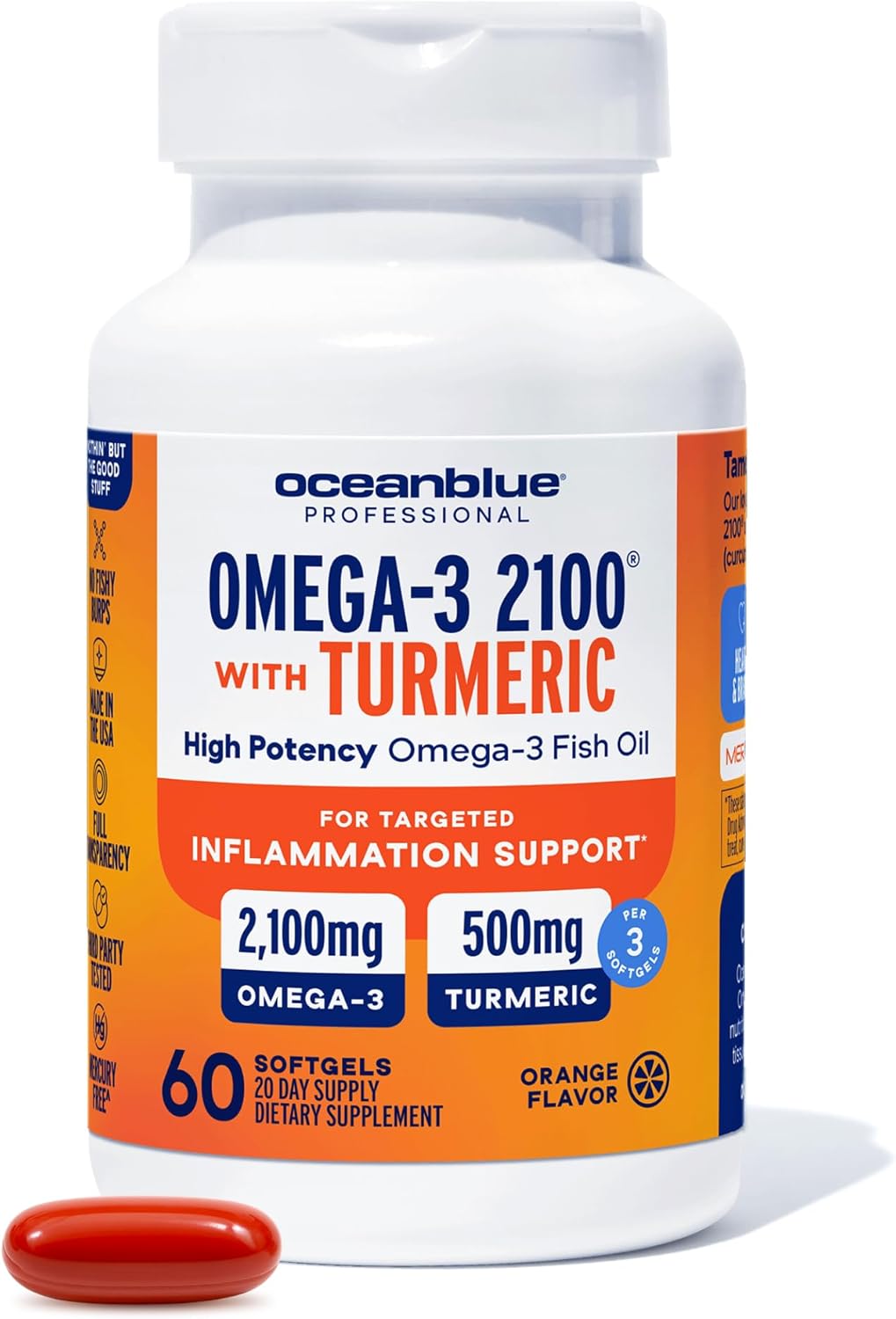 Oceanblue 2100 Triple Strength Omega-3 Fish Oil with Turmeric | Burpless Omega 3 Combo Supplement with Curcumin EPA DHA DPA| Heart and Joint Support | 60 Softgels