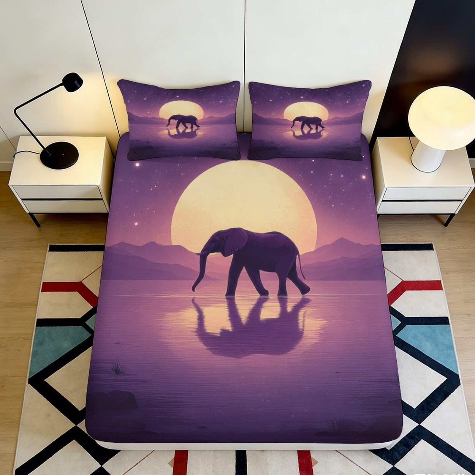 3D Printed Purple Elephant Moon Fitted Sheet Microfiber Soft Durable Landscape Bed Cover for Bedroom Dormitory Guest Room Mattress Protection 180x200x25cm