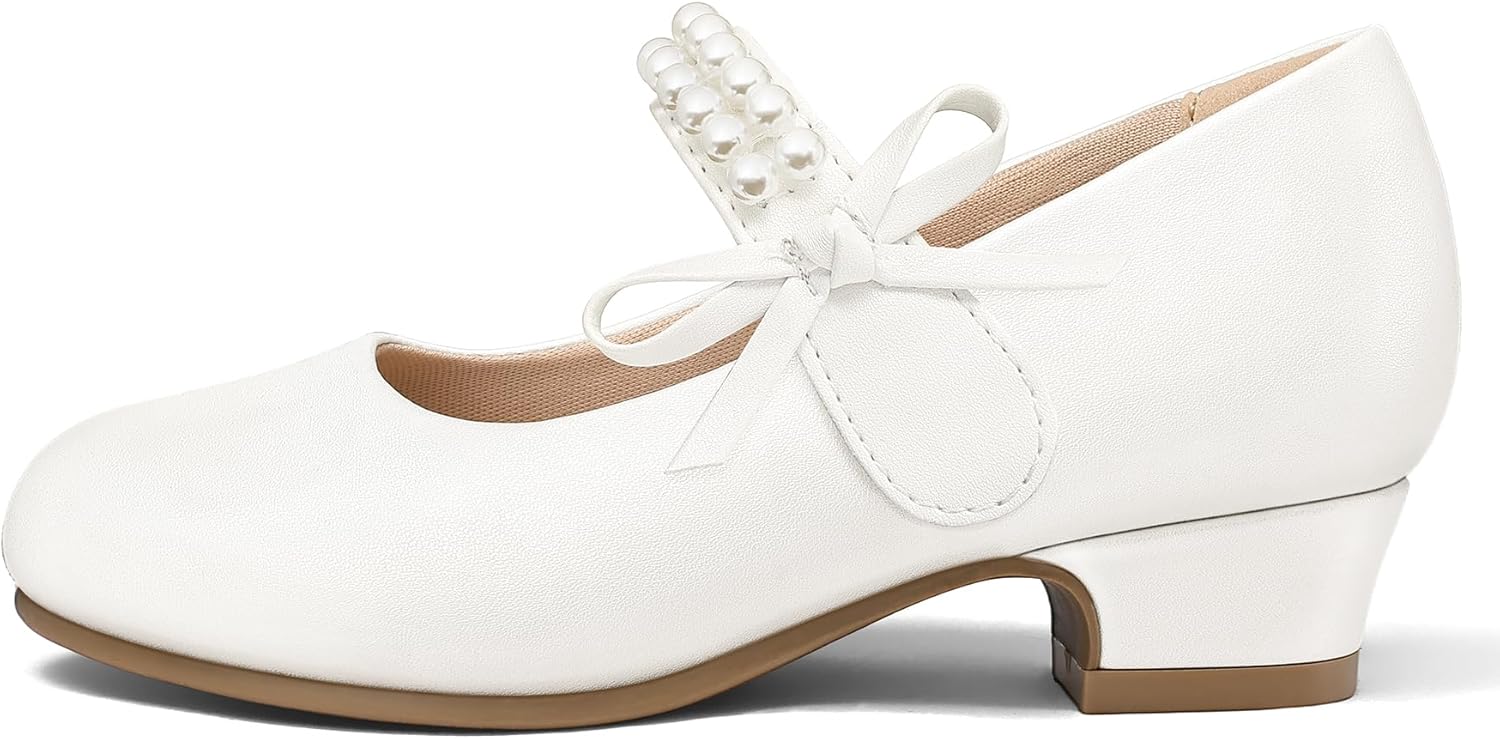 K KomForme Girls Dress Shoes Low Heels Pumps Princess Mary Jane with Pearl and Bow for Wedding Party (Toddler/Little/Big Kids) - Image 4