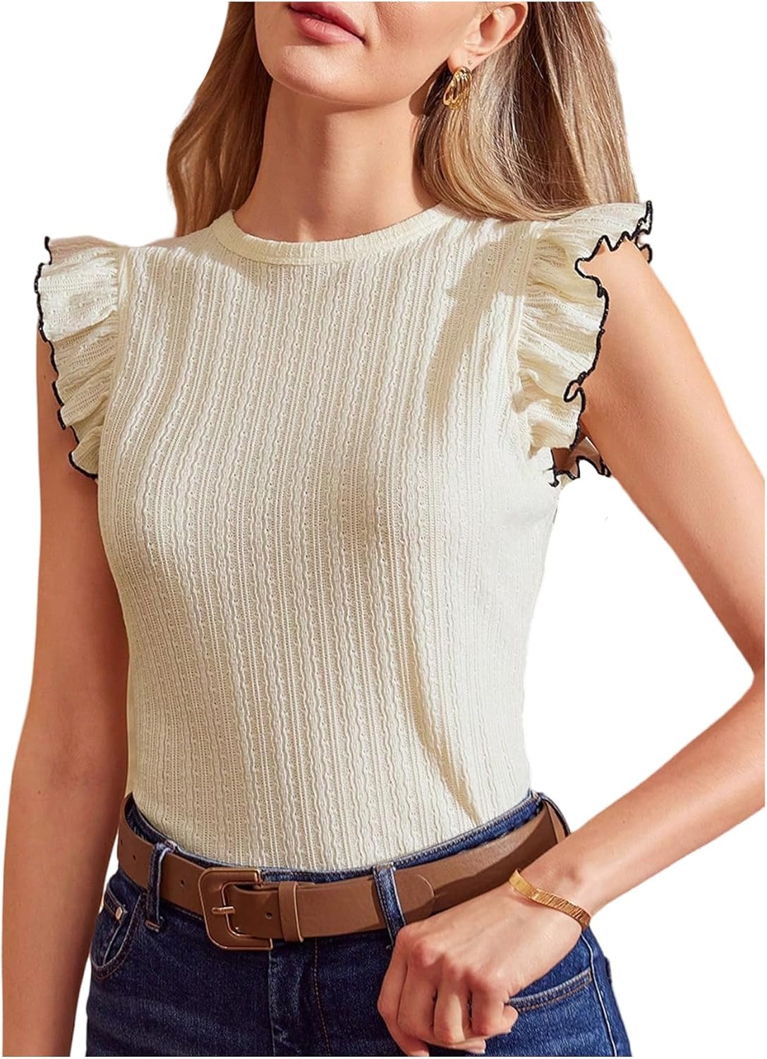 Floerns Women's Summer T Shirts Ruffle Sleeveless Crew Neck Textured Dressy Casual Tee Tops