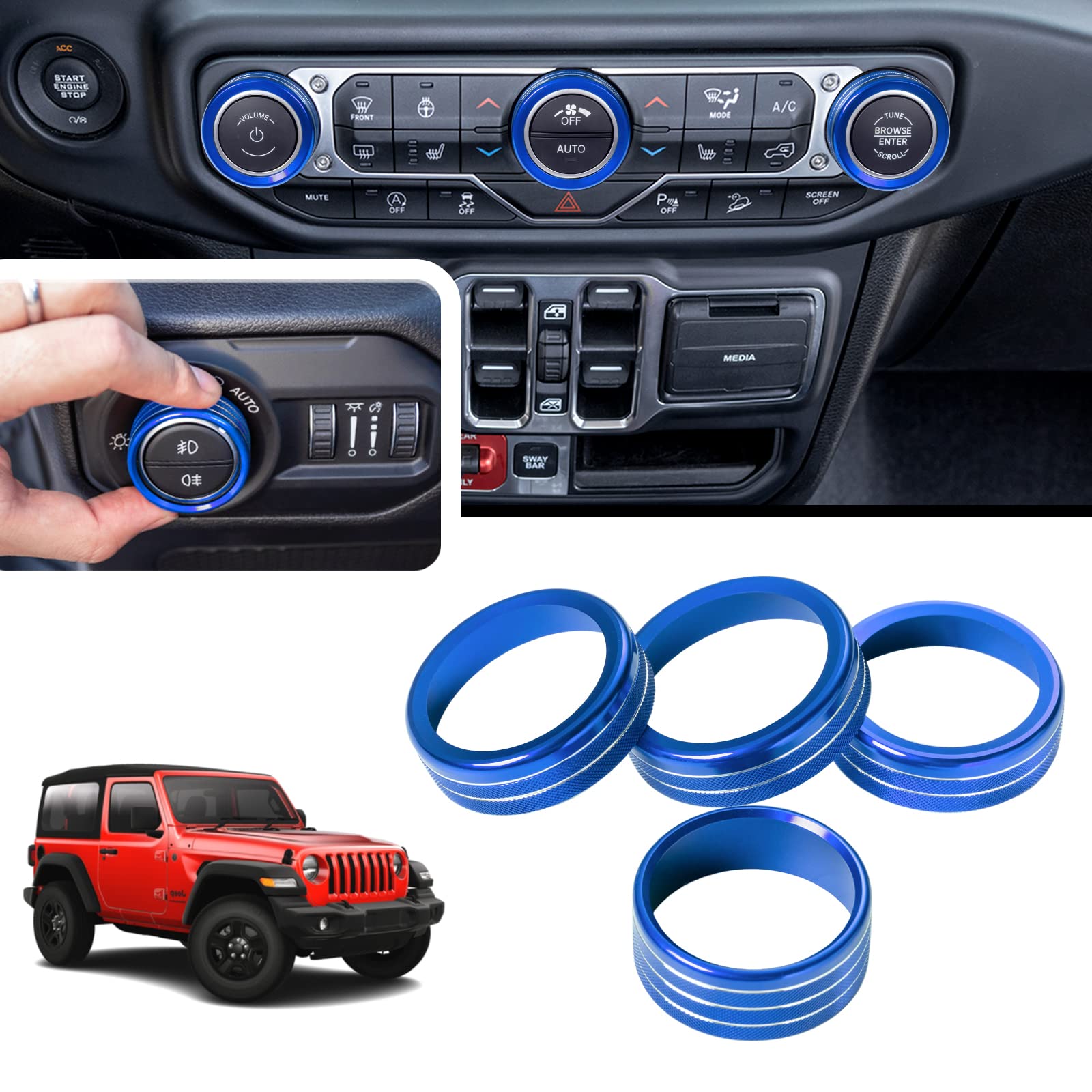 Knobs Ring Covers Compatible With 2018-2024 2025 Jeep Wrangler JL JLU & 2020-2024 2025 Jeep Gladiator JT, Aluminum Alloy Trim Cover for Air Conditioner Volume Radio Headlight Switch Knob(4PCS, Blue)