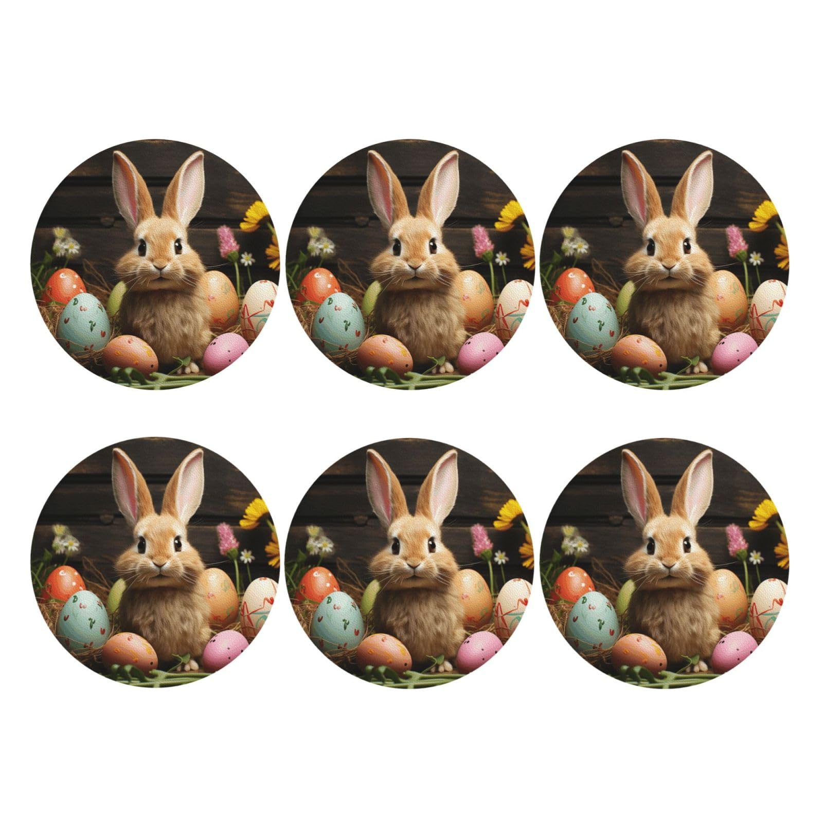 6Pcs PU Leather Coaster for Drinks, Easter Egg Bunny Cup Coastersr 4" Cup Mat Pad, Aesthetic Drink Coasters for Coffee Table, Round Shape Coaster for Tabletop Protection
