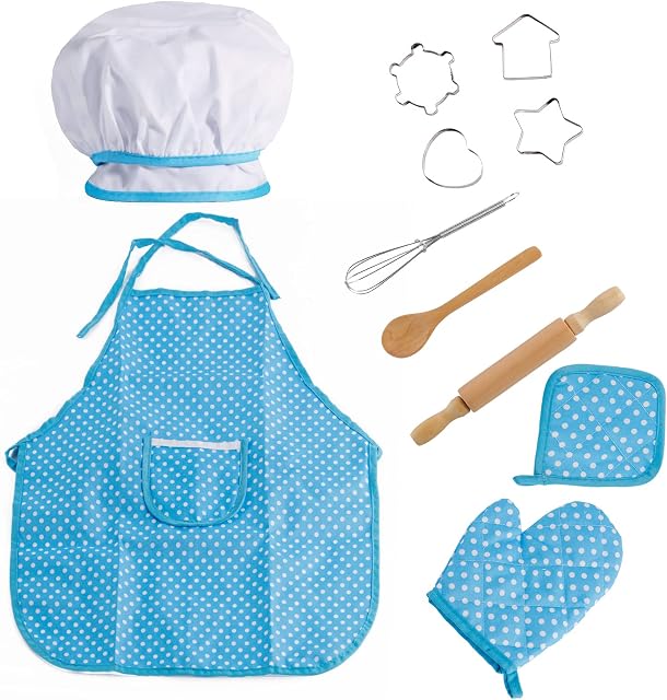 bluesees Chef Set for Kids, 11PCS Chef Play Set Children Kitchen Costume Role Pretend for Boys Girls Toddler Role Play Cooking and Baking set with Apron, Chef Hat, Cooking Mitt,Utensils