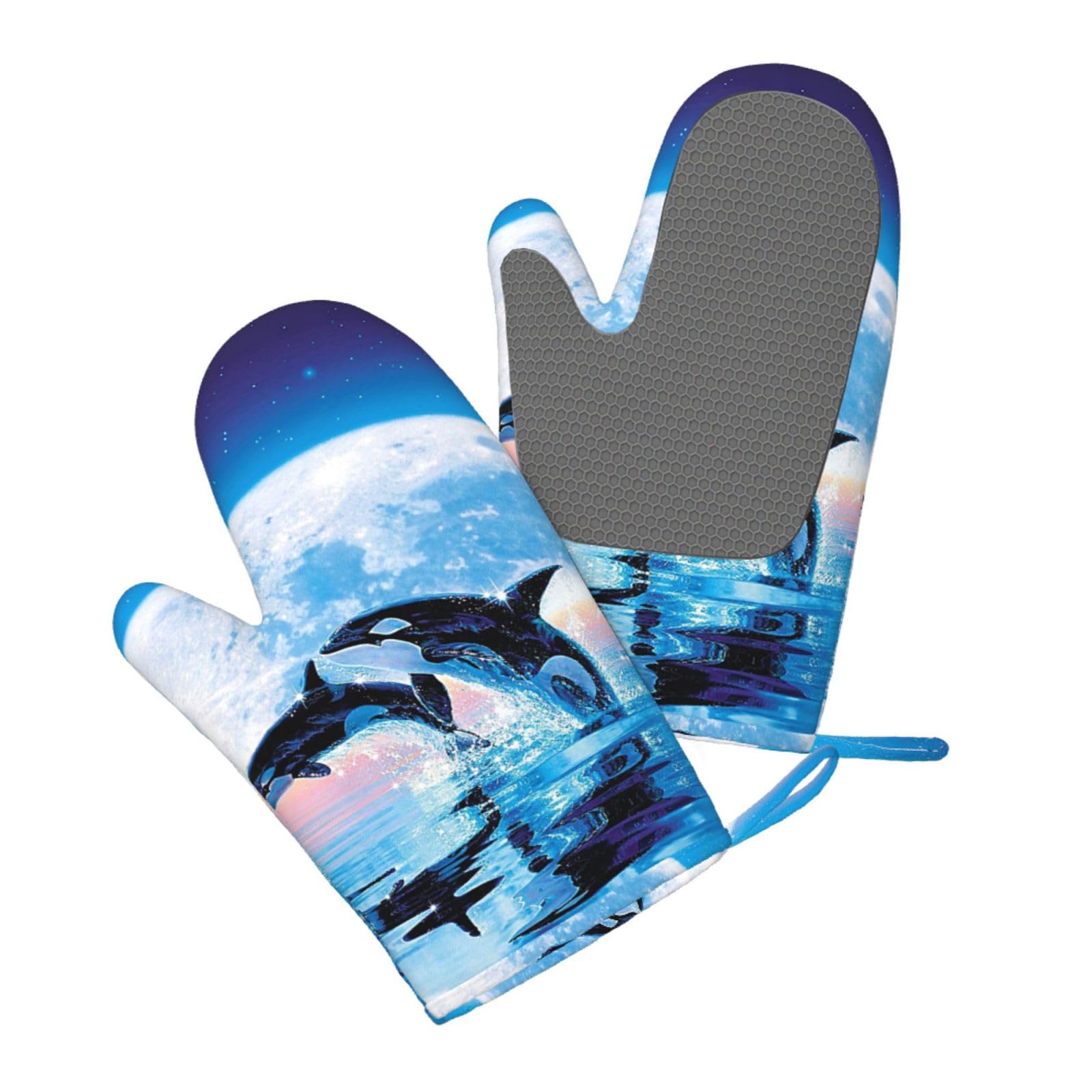 Silicone Oven Mitts Set 2PCS, Whales Jump Printed Heat Resistant Non-Slip Silicone Oven Gloves for Kitchen Cooking Baking Microwave