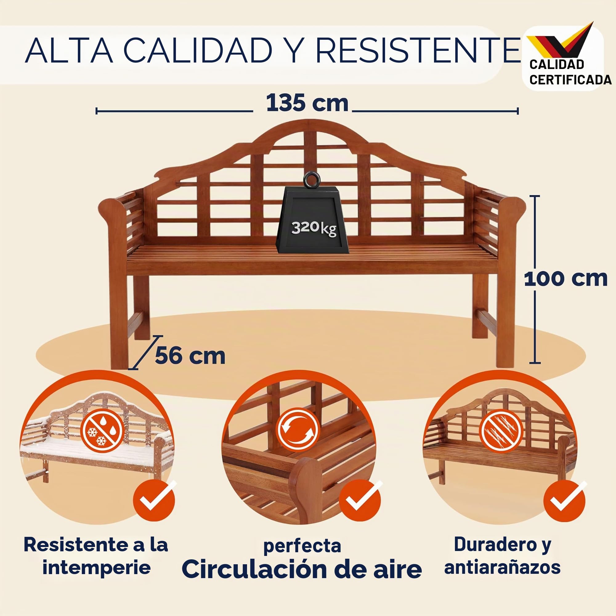CASARIA® Banco de Jardín Madera Eucalipto con Reposabrazos Respaldo Certificación FSC® Capacidad Carga 320KG Mueble Exterior Terraza Balcón Resistente Intemperie Marrón