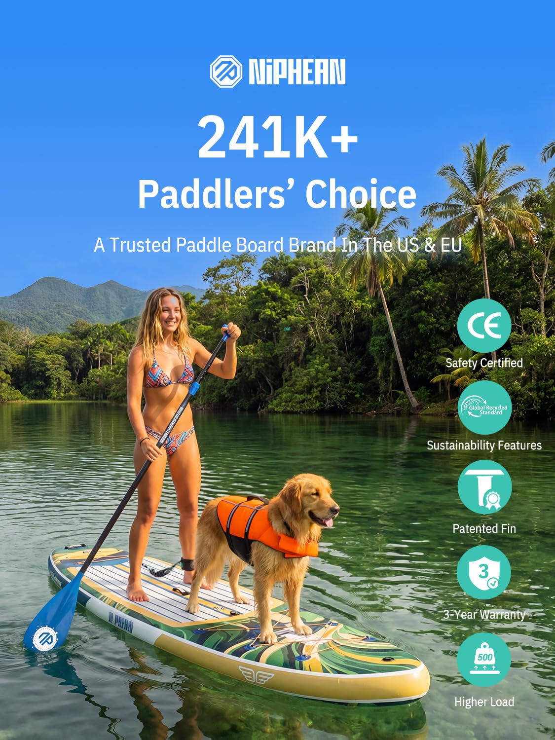 Niphean (Extra Large) Inflatable Paddle Board, SUP for 2+1 People/Family 500lbs Capacity Stand Up Paddle Board with SUP Accessories, StabilTrac Fin Non-Slip Paddleboard for Adults - 2