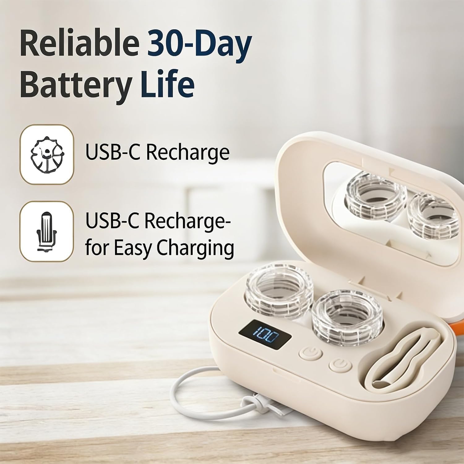 Ultrasonic Contact Lens Cleaner,Upgrade Portable Rechargeable Ultrasonic Contact Lens Cleaner Case with Vanity Mirror & Replacement Bay (3 pc)