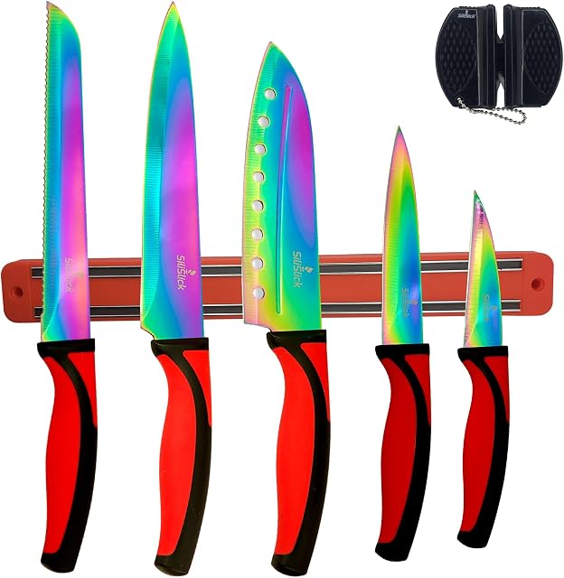 SiliSlick - Rainbow Knife Kitchen Starter Set (5 Professional Grade Iridescent/Rainbow Blade Knives) | Includes Knife Sharpener & Magnetic Wall Hanger | Red Handle with Red Knife Rack