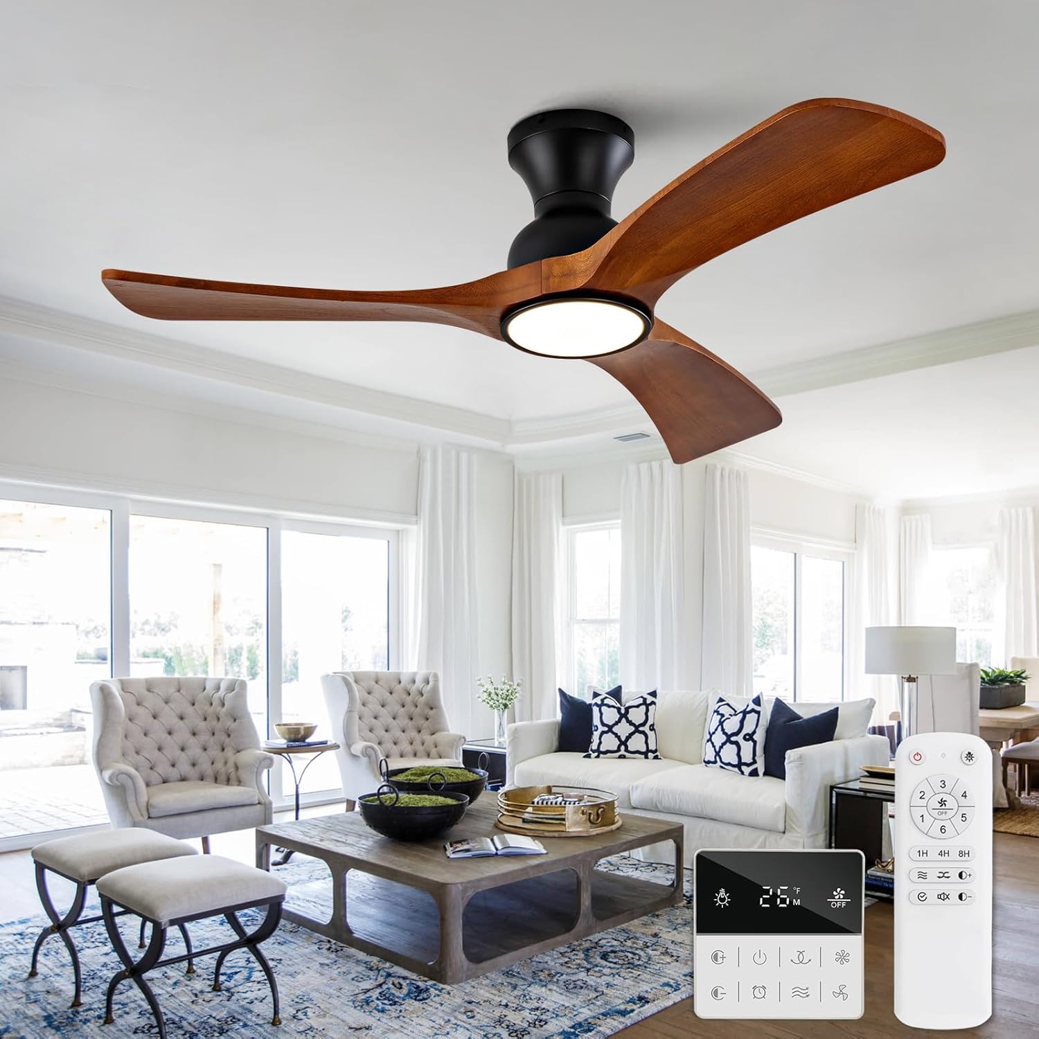 42 inch Flush Mount Ceiling Fans with Lights,Remote Control,Wall Switch,Solid Wood Blades,Dimmable,Reversible,Noiseless,Power Off Memory Low Profile Ceiling Fan for Bedroom Patio Indoor/Outdoor Black Walnut Flush Mount 42 inch