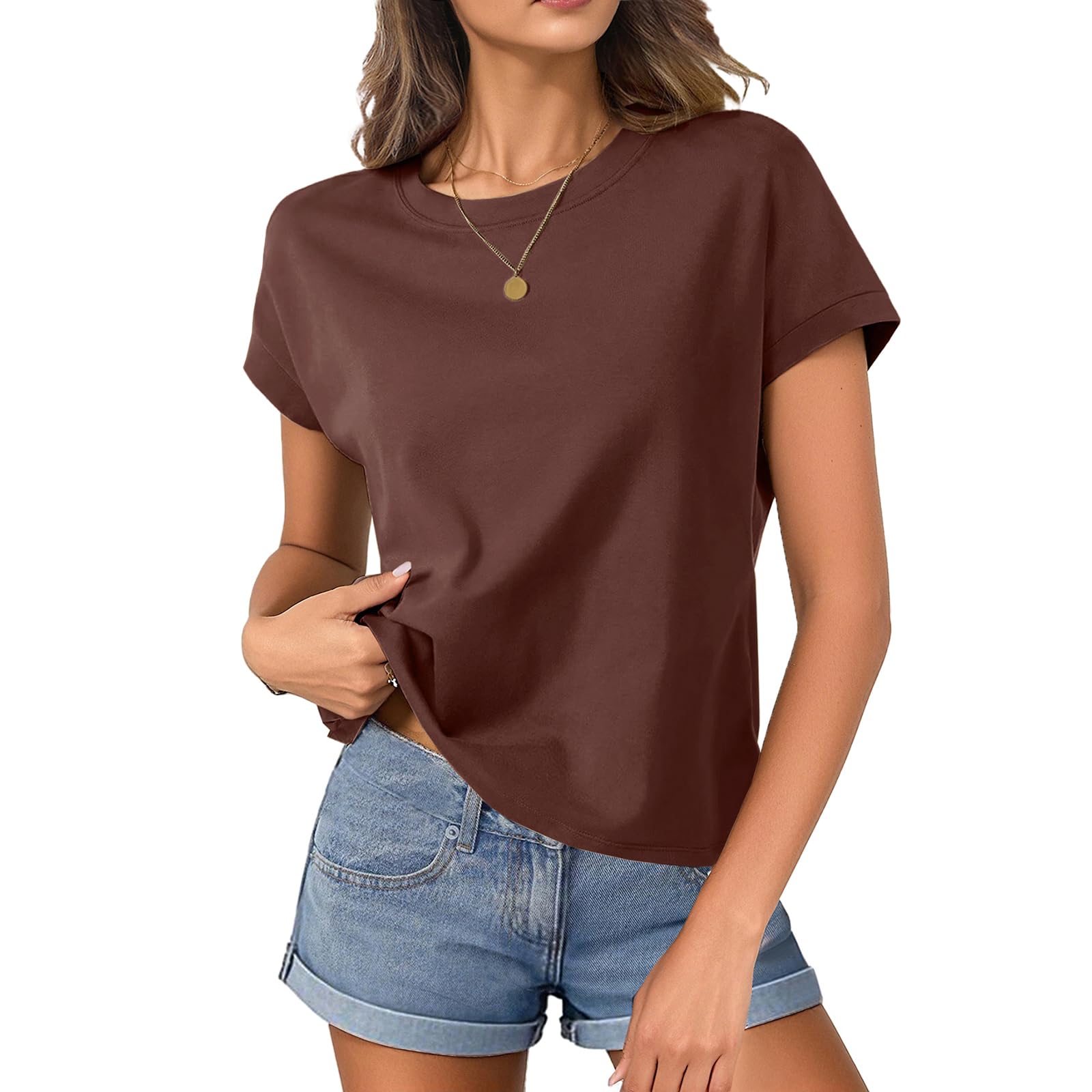 HOTIAN T-Shirt Damen Crop Tops Kurzarm T-Shirts Casual Basic Shirt Sommer Flügelärmeln Rundhals Top Damen Locker