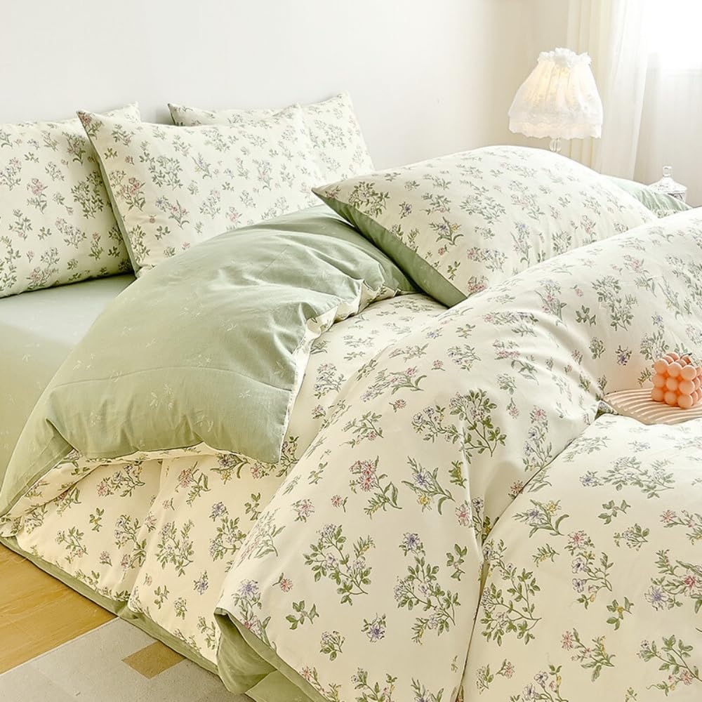 Nayoroom Bettwäsche 100% Baumwolle Blumen Kleine Blumenmuster Bettzeug Set Mädchen Blumenwiese Aesthetic Cute Pflanzenmuster Wendebettwäsche mit Reißverschluss und Blümchen Kissenbezüge