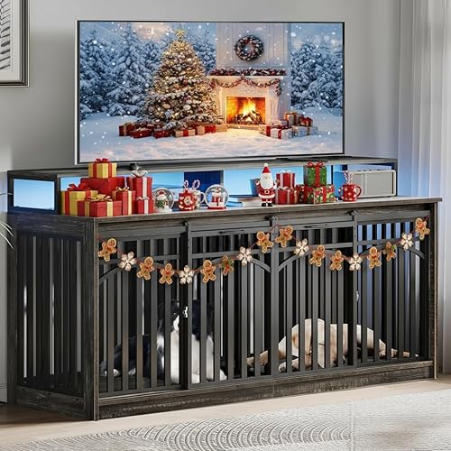 DWVO 71" Double Dog Crate Furniture with LED Light & Power Outlets, Heavy Duty Dual Dog Kennel TV Stand w Storage Shelves Sliding Doors, Wooden Two Dog Cage Table 2 Medium Large Dogs, Black Oak