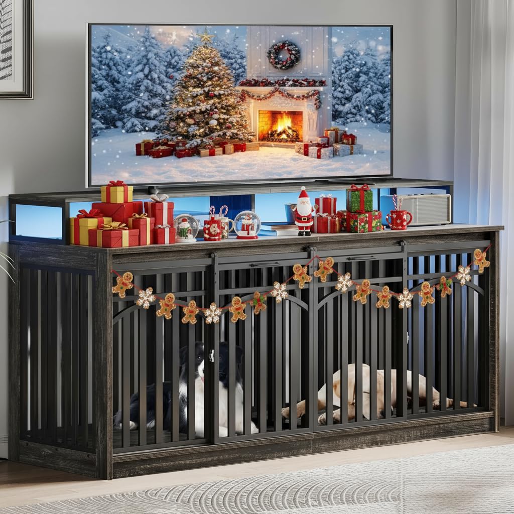 Photo 1 of **PARTIAL SET**DWVO 71" Double Dog Crate Furniture with LED Light & Power Outlets, Heavy Duty Dual Dog Kennel TV Stand w Storage Shelves Sliding Doors, Wooden Two Dog Cage Table 2 Medium Large Dogs, Black Oak
