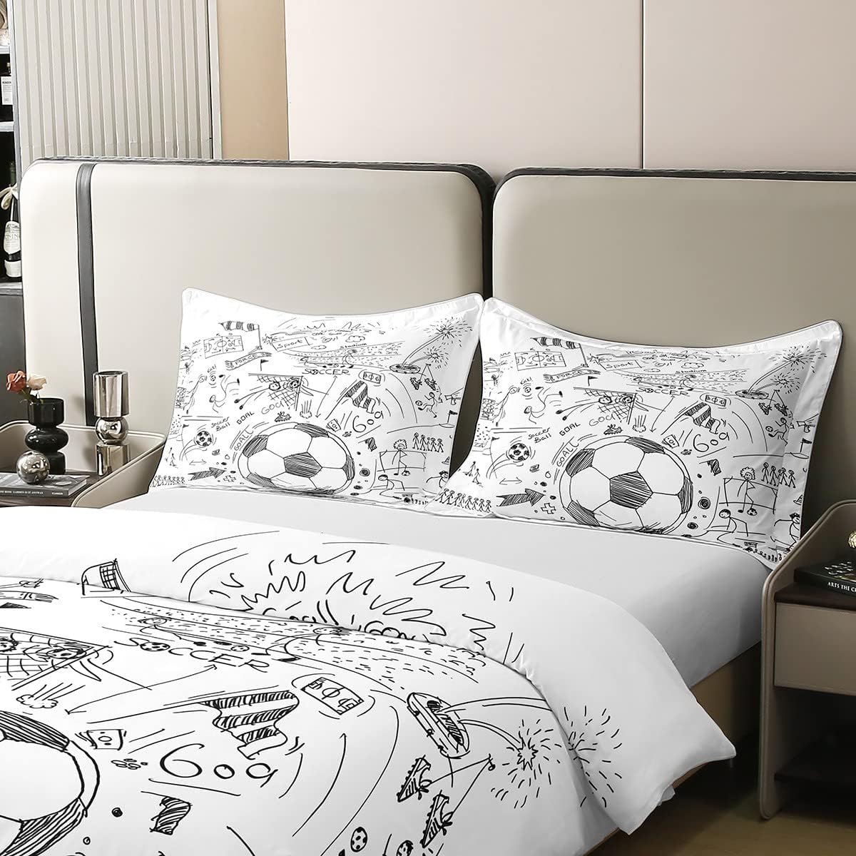 Homewish Bettbezug, 200 x 200 cm, aus Bio-Baumwolle, Bettwäsche, Fußballflagge, handgezeichnet, Bettwäsche für Teamsport aus Netzwerk, dekoratives Bettwäsche-Set, Weiß / Schwarz