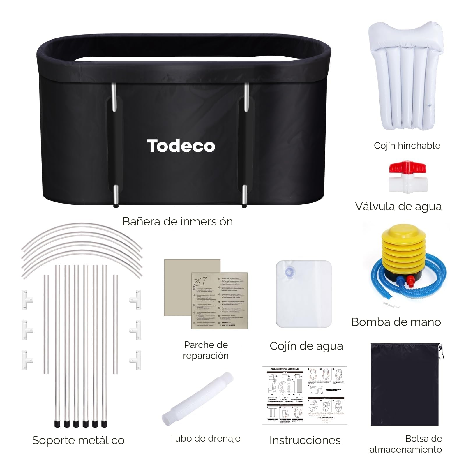Todeco - Bañera plegable para adultos, grande para spa portátil móvil, para ducha, bañera de hidromasaje, plegable, para baño pequeño, 120 x 55 x 50 cm, color negro