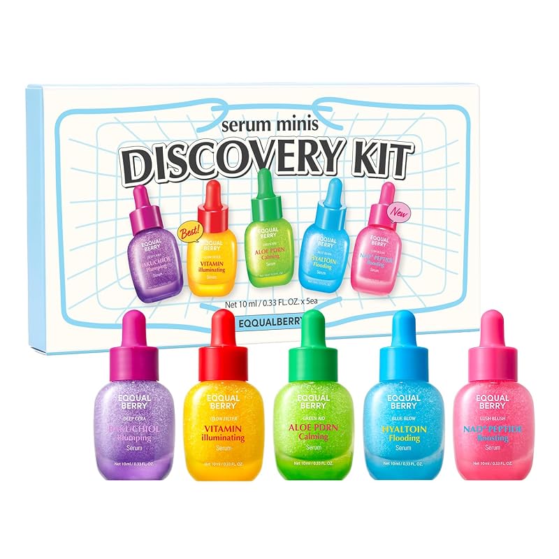 EQQUALBERRY Kit de Descoberta com 5 Mini Séruns Faciais, Vitamina C, NAD, Bakuchiol, Ácido Hialurônico e Aloe PDRN, 5 x 10 mL