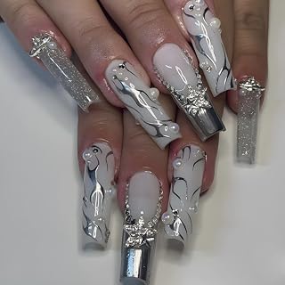 MERVF Long Square Press on Nails Sliver French Tip Fake Nails Glitter Goth Stick ons Full Cover Pearls Rhinestones Acrylic Nail with Star Y2K Design Glossy 24pcs