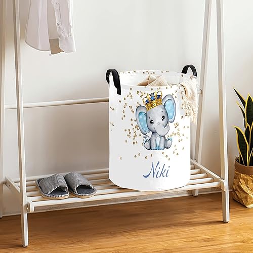 Miniatura 4 de Cesta de lavandería personalizada con nombre de elefante azul con asa, bolsa de ropa para cestas de dormitorio