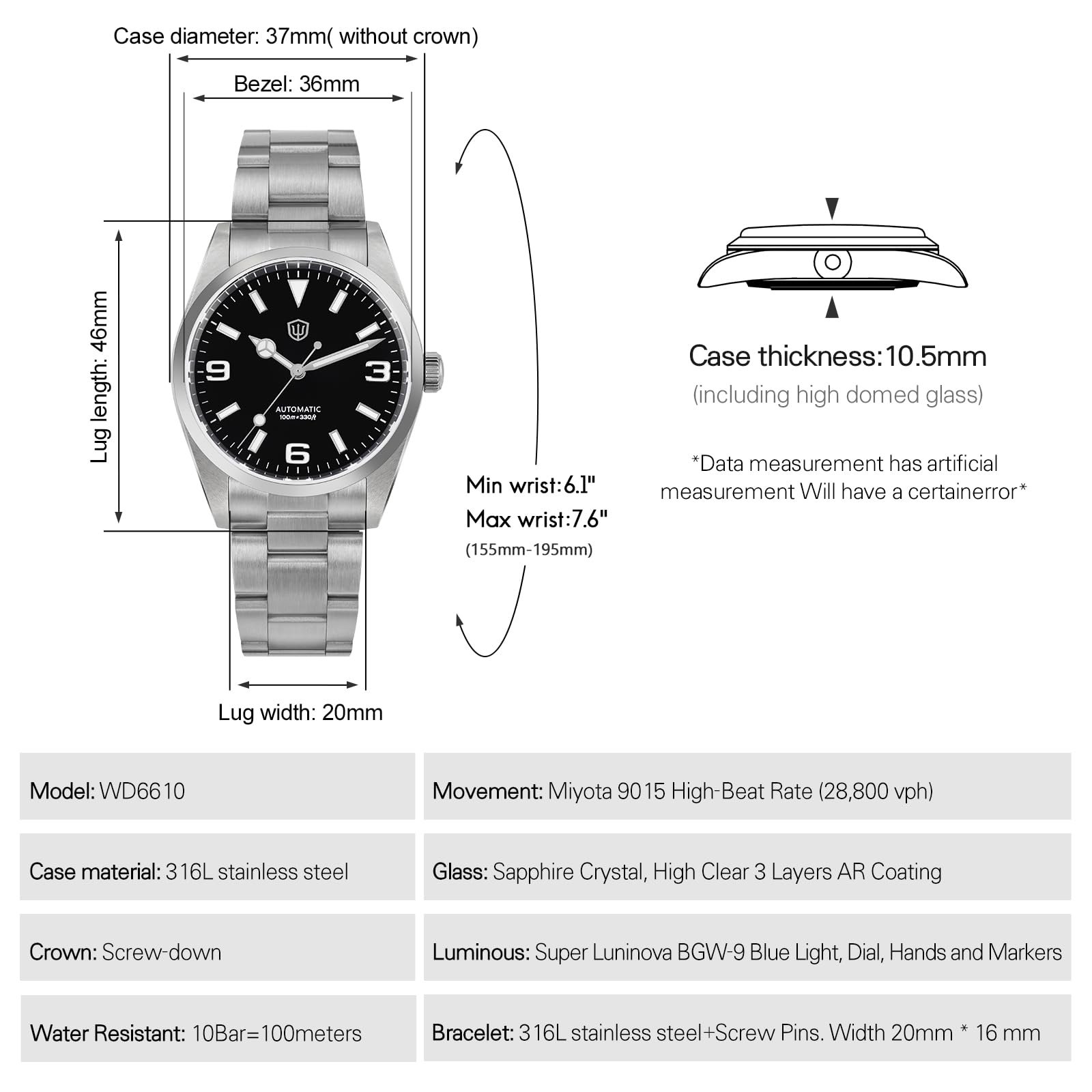 watchdives WD6610 Automatyczny zegarek, japoński mechanizm 9015 37 mm szafirowy kryształ męski zegarki 100 m wodoodporny zegarek na rękę z szybkim zapięciem regulacji OTF