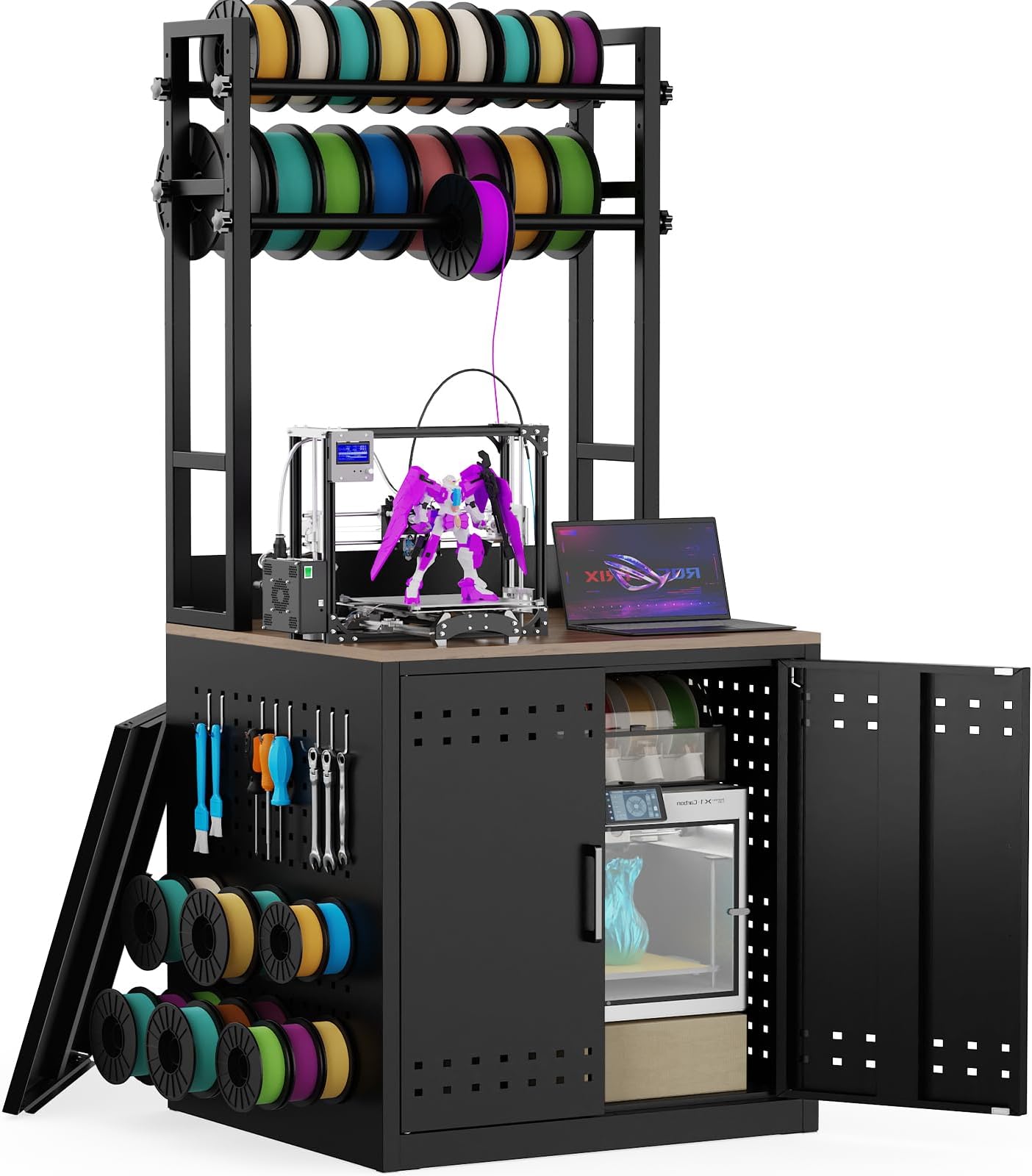 3D Printer Stand with Storage,Heavy Duty 3D Printer Table with 4 Adjustable Filament Racks,Ultra-Stable 3D Printing Desk with Side Pegboard Suitable for Studios,Offices,Home(Black)
