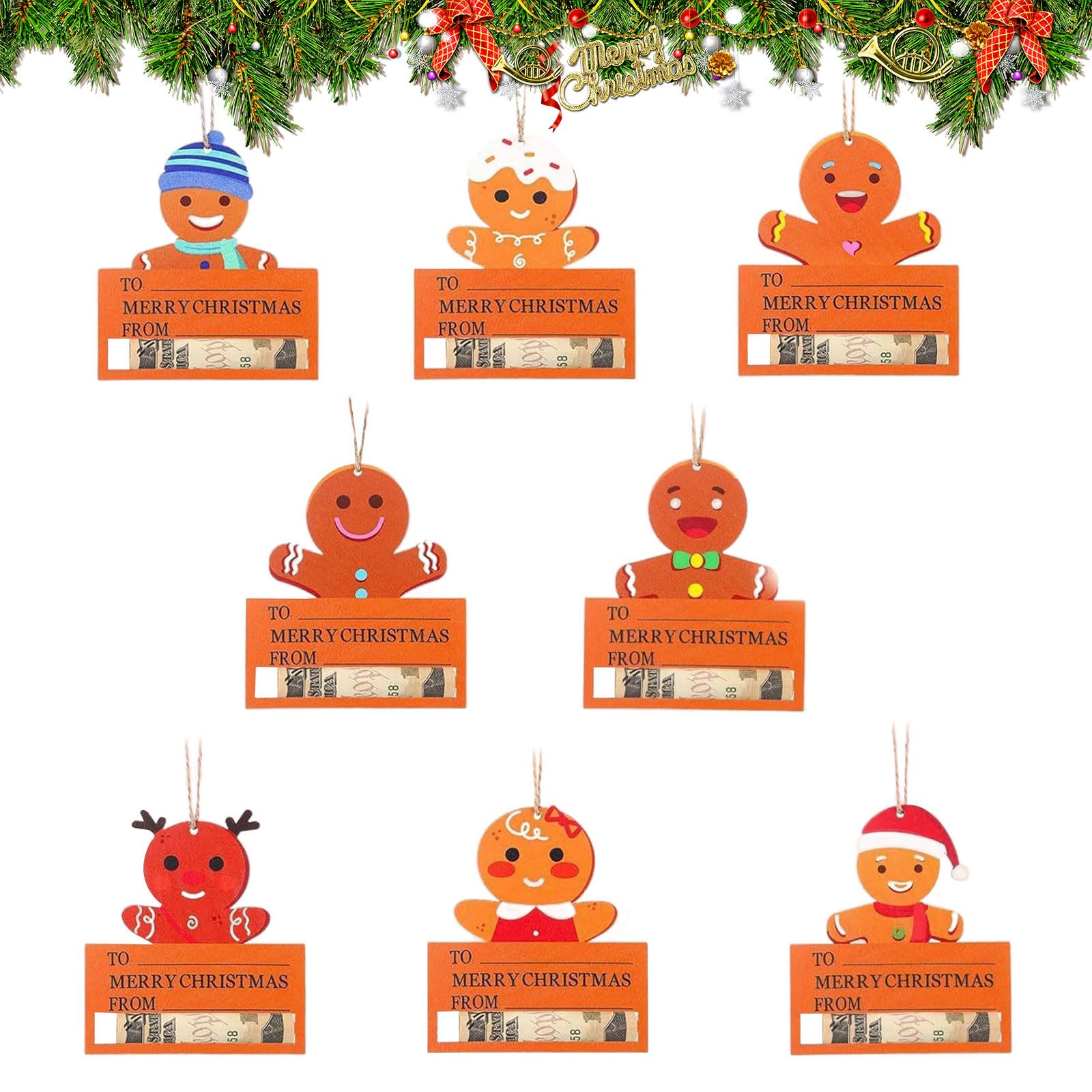 8Pcs Christmas Money Holder Ornaments - Wooden Cards, Funny Decoration Gifts, Tree Hanging Accessories (Gingerbread Man)