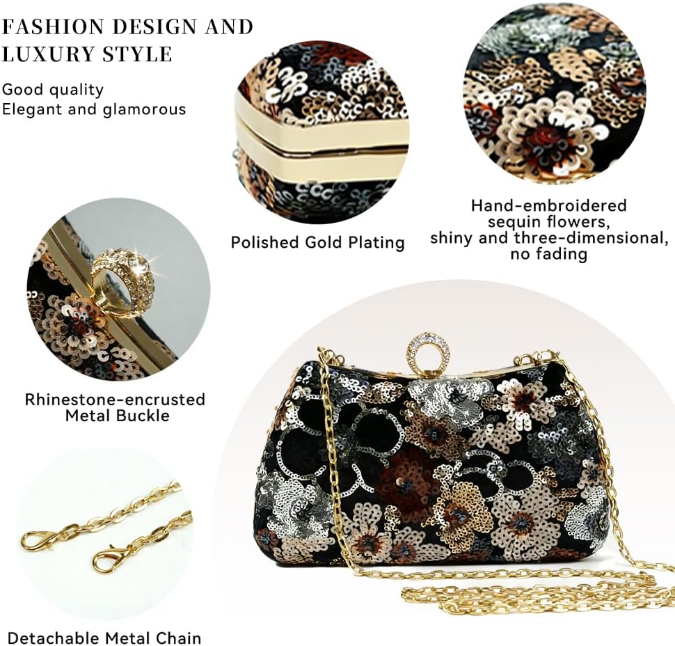 Floral Sequin Evening Clutch, Handle Crossbody Purse for Women