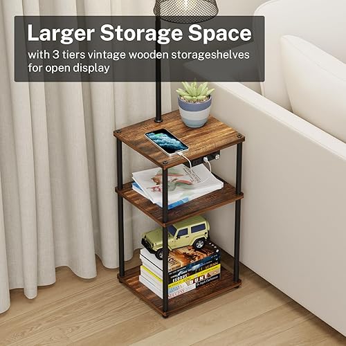 Miniatura 3 de Lámpara de pie con mesa, lámpara Foor con estantes, mesa auxiliar con puerto de carga USB y tomacorriente, moderna mesita de noche con lámpara para