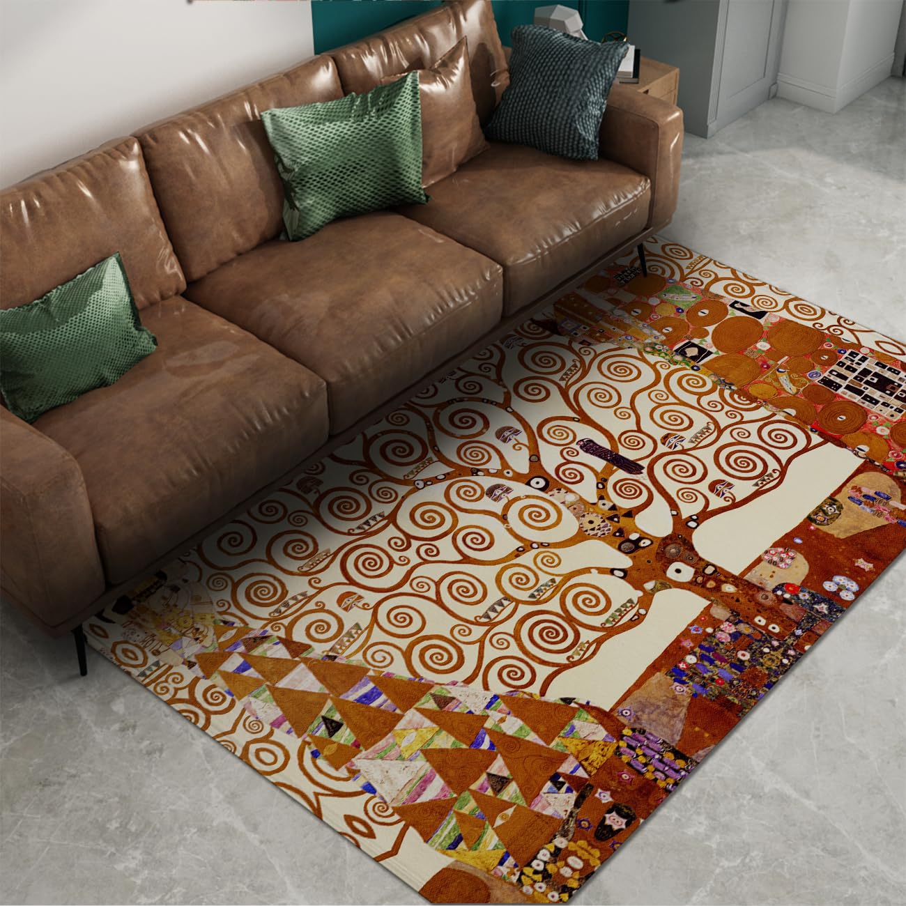 Nadający się do prania dywan 140 x 200 cm, odporny na plamy, do salonu, antypoślizgowy spód, beżowy, brązowo-złoty, spiralne drzewo, z nadrukiem, do sypialni, z możliwością prania